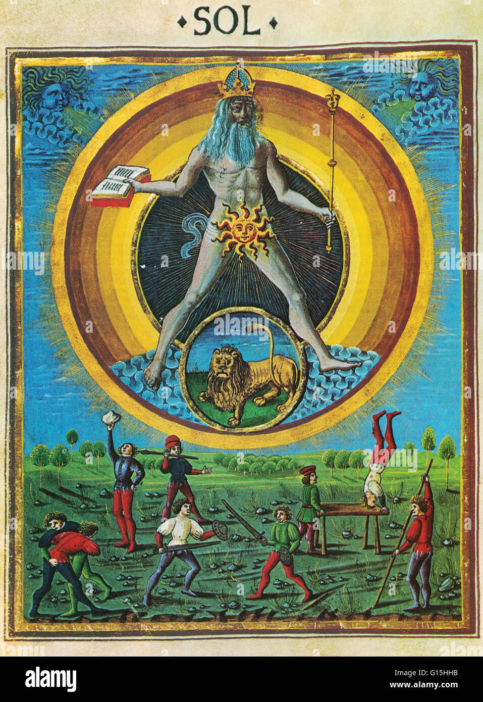 Astrologie-Abbildung des Löwen von der Sonne (Sol) aus dem fünfzehnten Jahrhundert Lombard Manuskript De Sphaera regiert. Der Löwe, in der Abbildung dargestellt ist das astrologische Symbol für Leo (das ist Latein für Löwe). Leo gilt ein maskulinen Zeichen und ein Feuer-sig Stockfoto