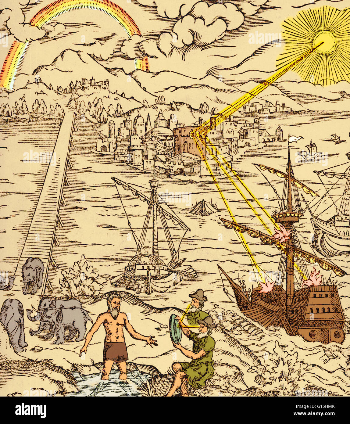 Entdeckungen auf dem Gebiet der Optik. Titelseite einer lateinischen Ausgabe von The Book of Optics (De Aspectibus oder Opticae Thesaurus) von dem mittelalterlichen muslimischen Gelehrten Alhazen (965-etwa 1040 n. Chr.), zeigt, wie Archimedes die römischen Schiffe Angriff auf Syrakus in Brand gesetzt Stockfoto