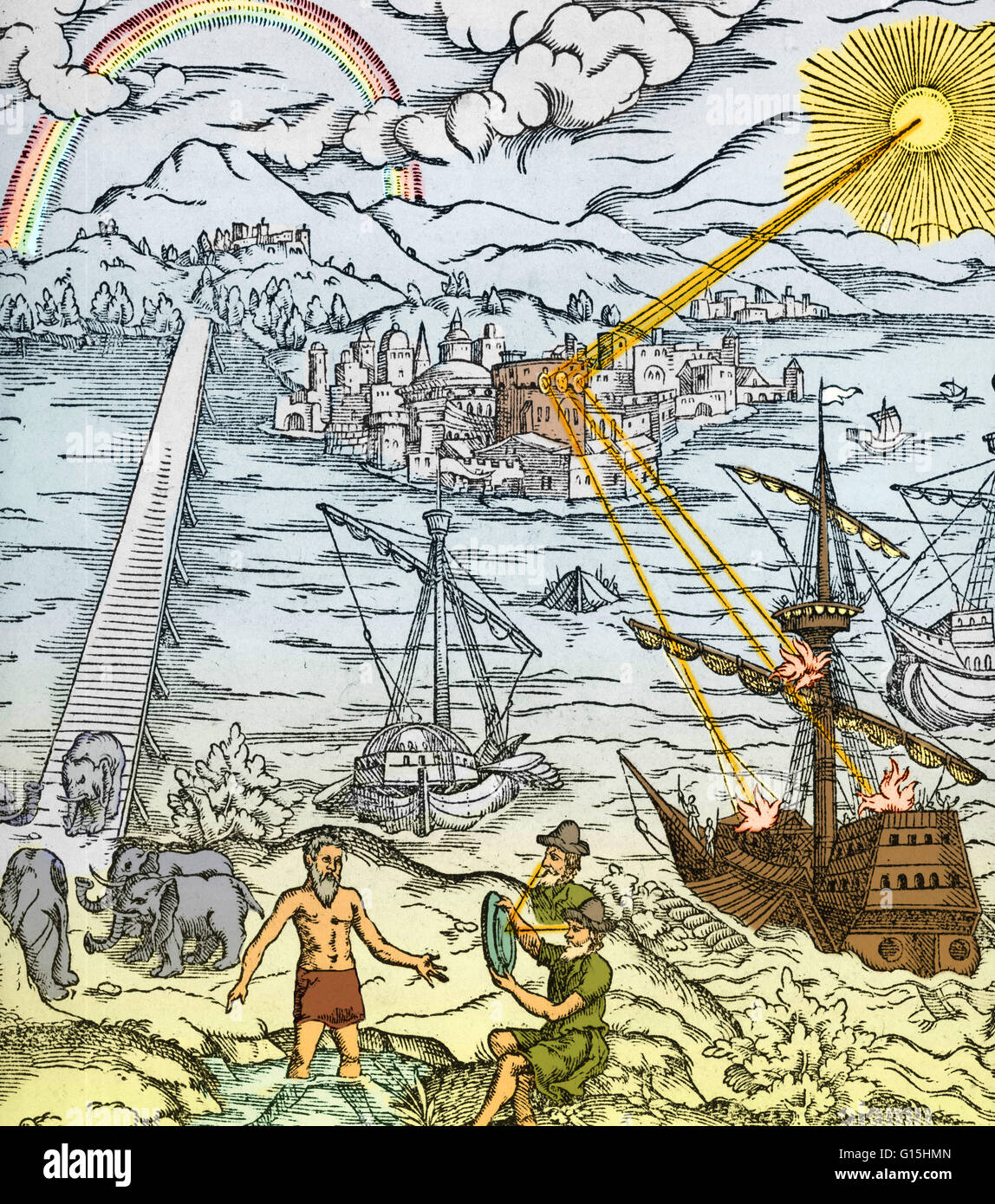 Entdeckungen auf dem Gebiet der Optik. Titelseite einer lateinischen Ausgabe von The Book of Optics (De Aspectibus oder Opticae Thesaurus) von dem mittelalterlichen muslimischen Gelehrten Alhazen (965-etwa 1040 n. Chr.), zeigt, wie Archimedes die römischen Schiffe Angriff auf Syrakus in Brand gesetzt Stockfoto