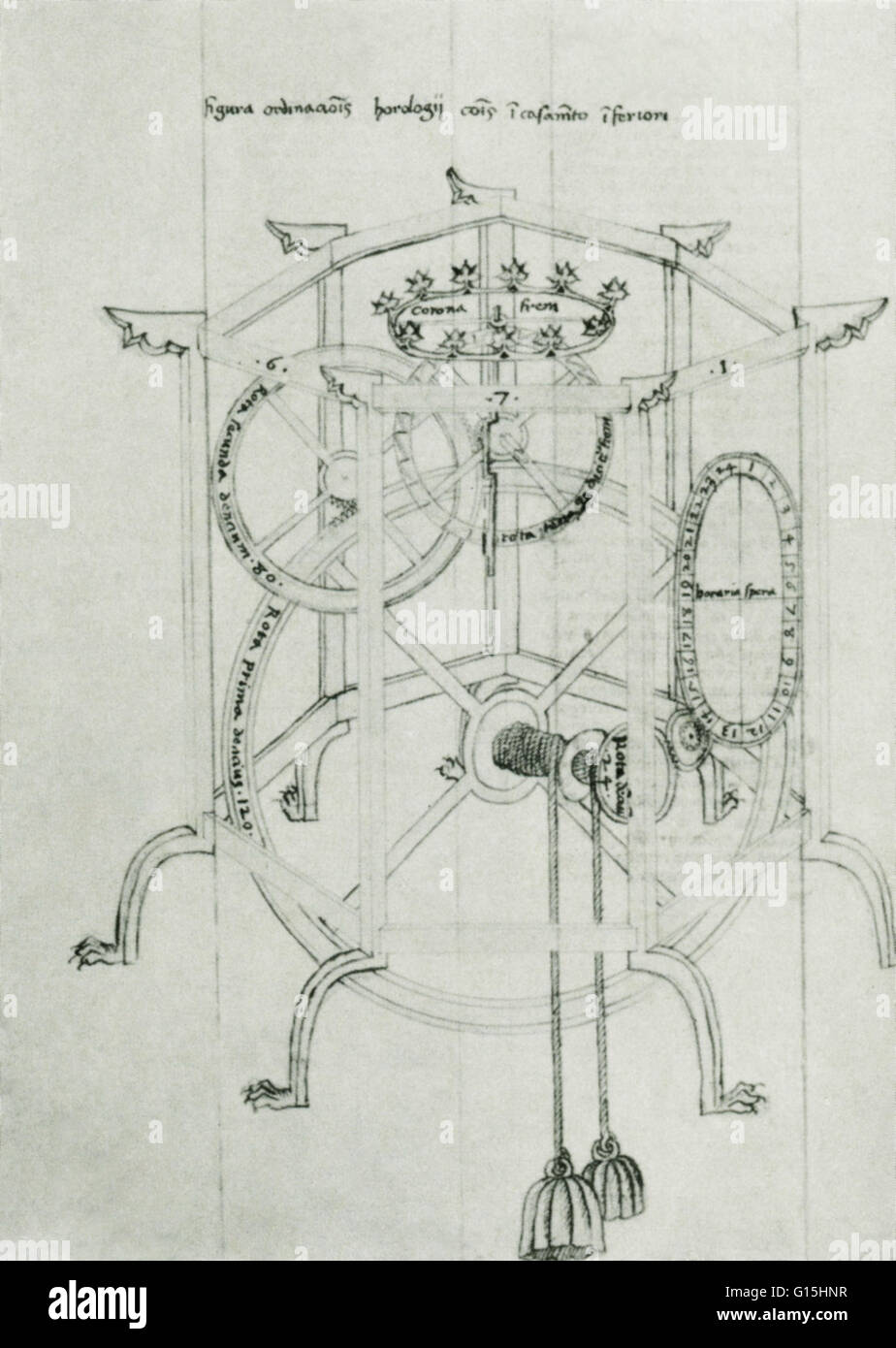 Design-Skizze des Astrarium von Giovanni de' Dondi, 14. Jahrhundert Professor für Astronomie. Ein Astrarium ist auch bekannt als eine astronomische Uhr und Planetarium. Giovanni de'Dondi und sein Sohn Jacopo waren Pioniere der Konstruktion und den Bau dieses co Stockfoto