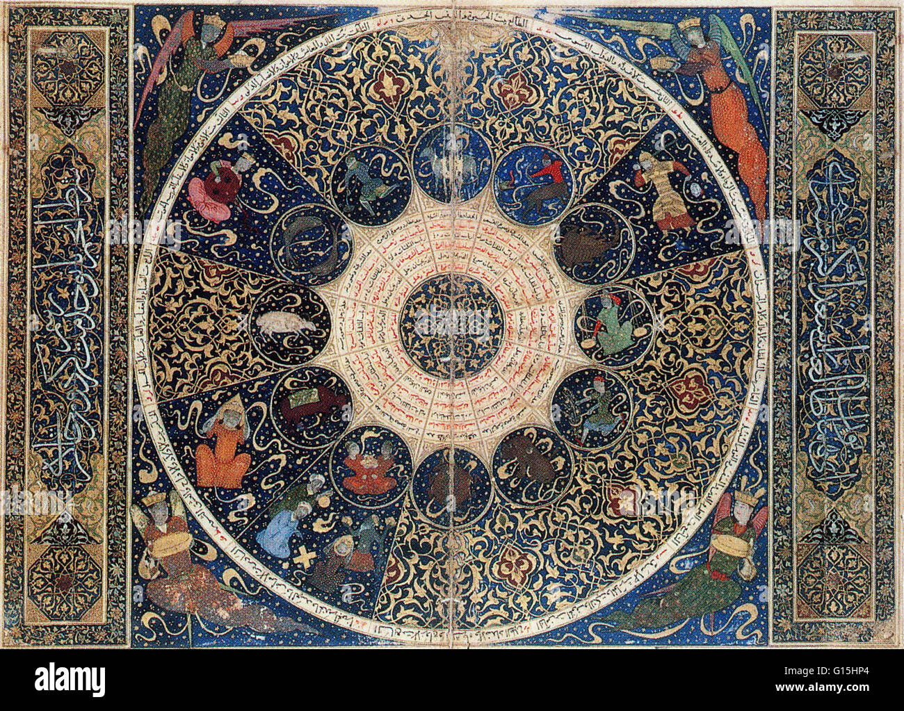 Eine ausführliche Horoskop, 1411, Darstellung der Tierkreiszeichen und Planeten bei der Geburt von Iskander Sultan, ein persischer Prinz gegründet. Stockfoto
