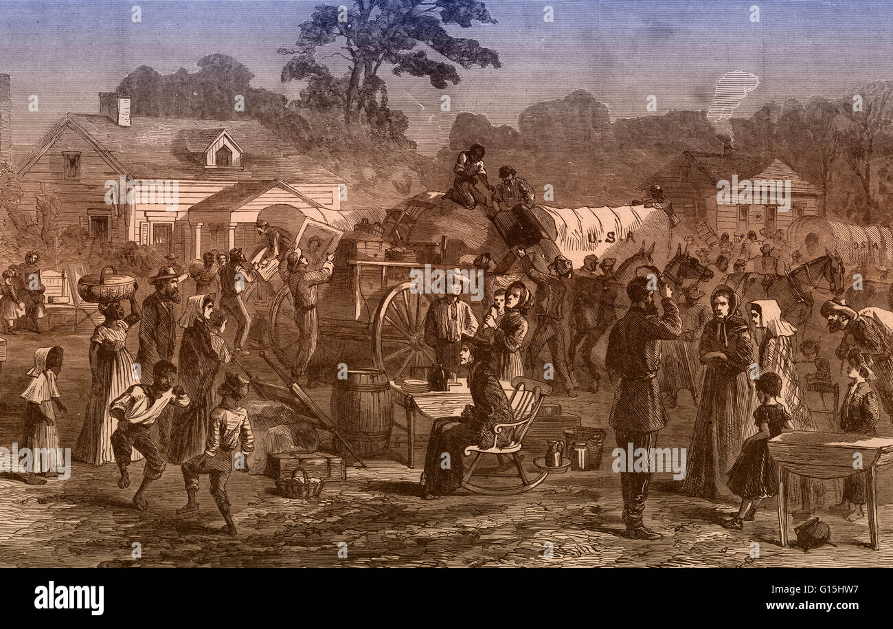 Verbesserte Darstellung der Exodus der Eidgenossen aus Atlanta Farbe. Während des amerikanischen Bürgerkriegs Atlanta geriet ins Visier der Union und wurde durch die Eidgenossen nach mehreren Schlachten übergeben. Nach der Evakuierung von Zivilisten, Union allgemeine Sherma Stockfoto