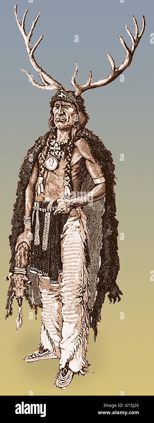 Medizin-Elch, ein Schamane der Ogala Sioux. Kupferstich nach Frederick Remington, c. 1875. Stockfoto