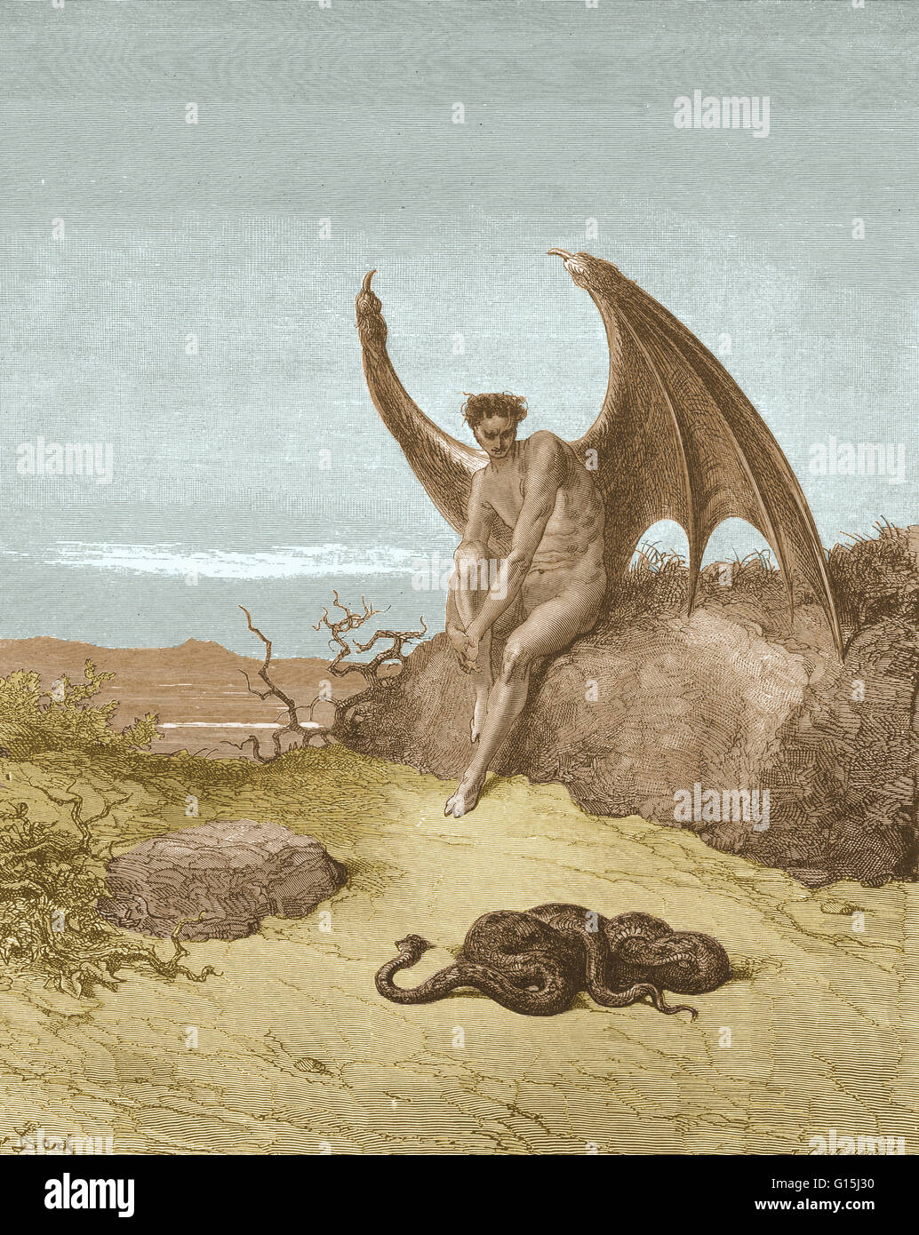 Eine Illustration des Satans, die Suche nach der Schlange, in denen er selbst, von Gustave Dore Blenden, von John Miltons Paradise Lost, Buch 9, Zeilen 182-183: "ihn schnell schlafen, bald er gefunden / im Labyrinth von vielen eine Runde selbst gerollt." Stockfoto