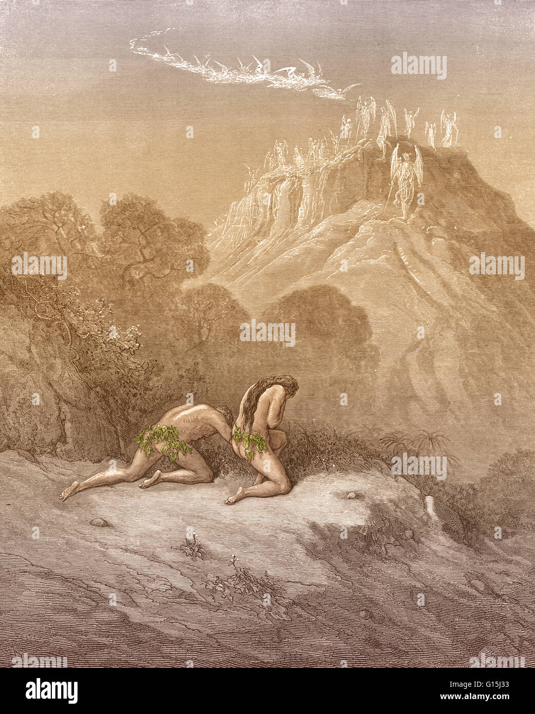 Eine Illustration von Adam und Eva aus dem Garten von Gustave Dore, von John Miltons Paradise Lost, Buch 11, gegossen Linien 208-210: "O Erde, wie wie in den Himmel, wenn nicht bevorzugt / mehr gerecht." Stockfoto