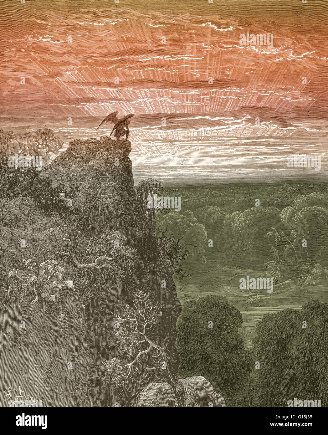 Zur Veranschaulichung der Satan von Gustave Dore, von John Miltons Paradise Lost, Buch 4, Zeilen 172-173: "nun zu den Aufstieg von diesem steilen wilden Hügel / Satan hat Reise würde am, nachdenklich und langsam." Stockfoto