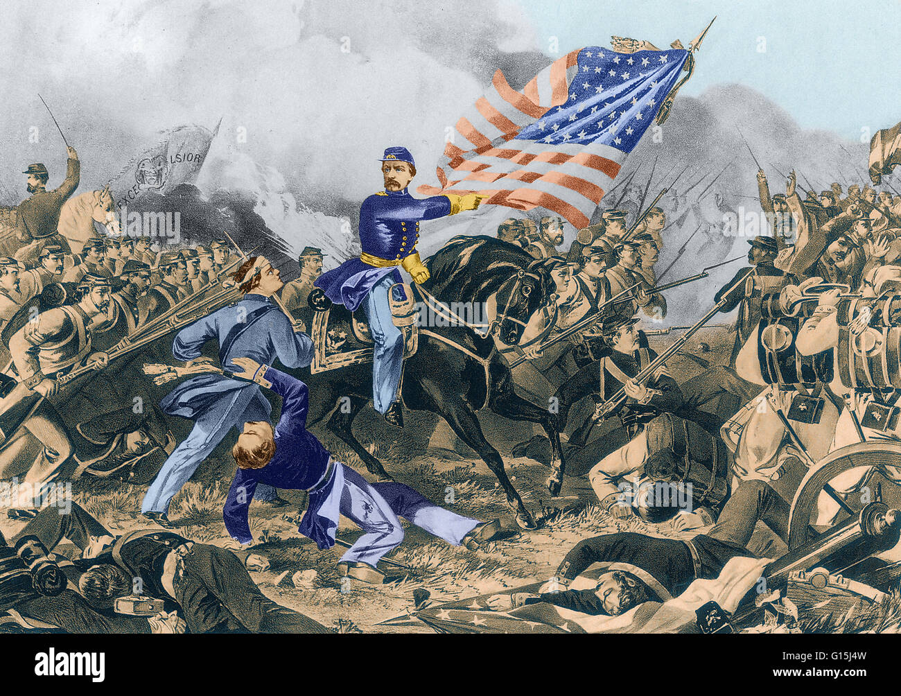 Farbe verbesserte Darstellung der Schlacht von Williamsburg auch bekannt als die Schlacht von Fort Magruder, es fand am 5. Mai 1862 in Williamsburg, Virginia statt. Im Anschluss an die Konföderierten Rückzug aus Yorktown, General Joseph Hooker Abteilung begegnet der Stockfoto