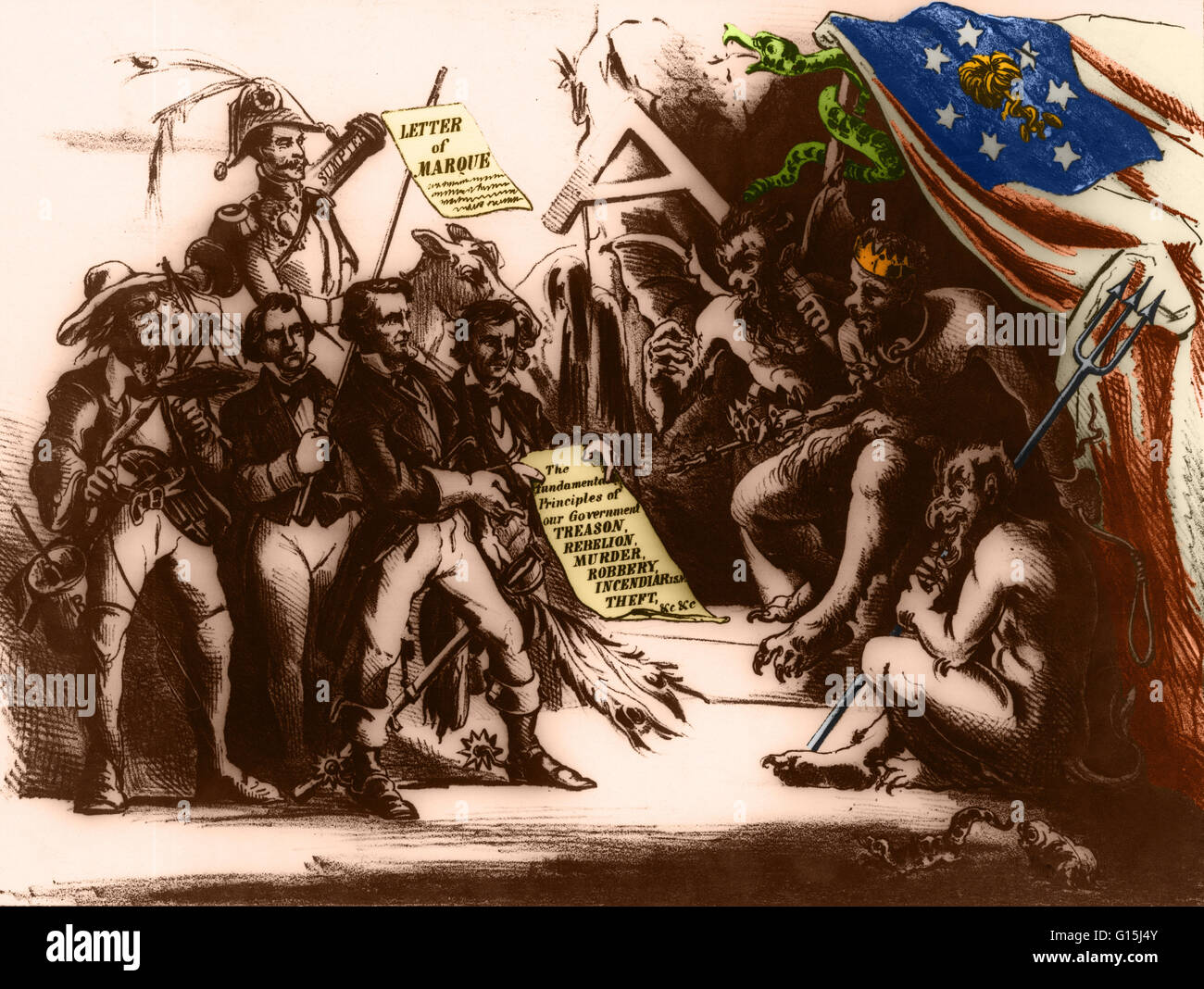 Farbe verstärkt politische Karikatur, mit dem Titel "The Southern Konföderation ein Fakt!!!", die Konföderation als eine Regierung in Liga mit Satan repräsentiert. Von links nach rechts sind: "Herr Mob Recht Oberrichter," ein Schläger mit einem Topf von Teer; Staatssekretär Robert Stockfoto