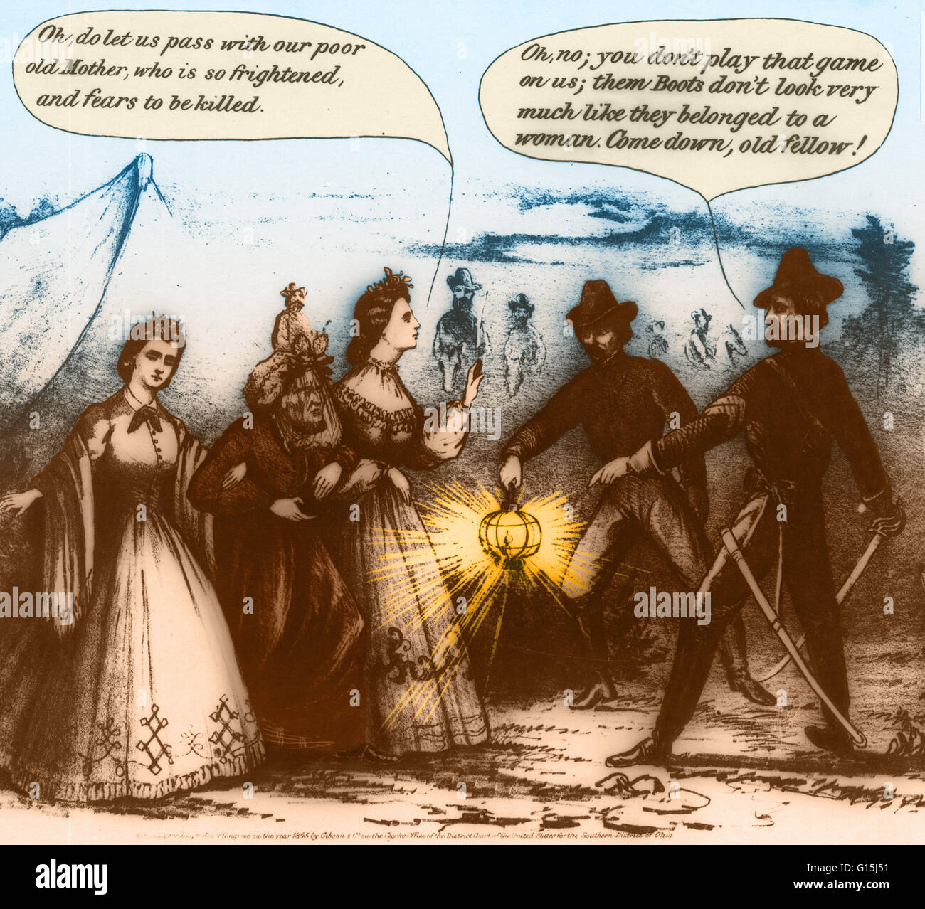 Farbe erweiterte Cartoon der Erfassung von Jefferson Davis. Präsident Jefferson Davis traf mit seinem Konföderierten Kabinett für das letzte Mal am 5. Mai 1865, in Washington, Georgia, und die konföderierte Regierung wurde offiziell aufgelöst. Er wurde am Mai gefangen. Stockfoto