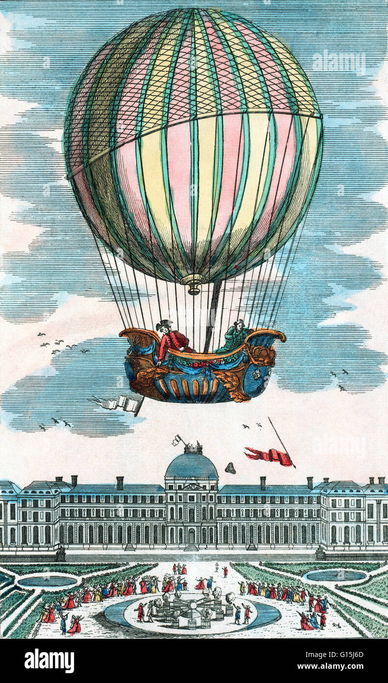 Radierung von der ersten bemannten Wasserstoff-Ballonfahrt. In der Grafik dargestellt ist Jacques Alexandre César Charles (1746-1823) und Marie-Noel Robert, französischer Ballonfahrer, der die erste bemannte Wasserstoff-Ballonfahrt gemacht. Sie ritten in der Sprechblase "La Charli Stockfoto