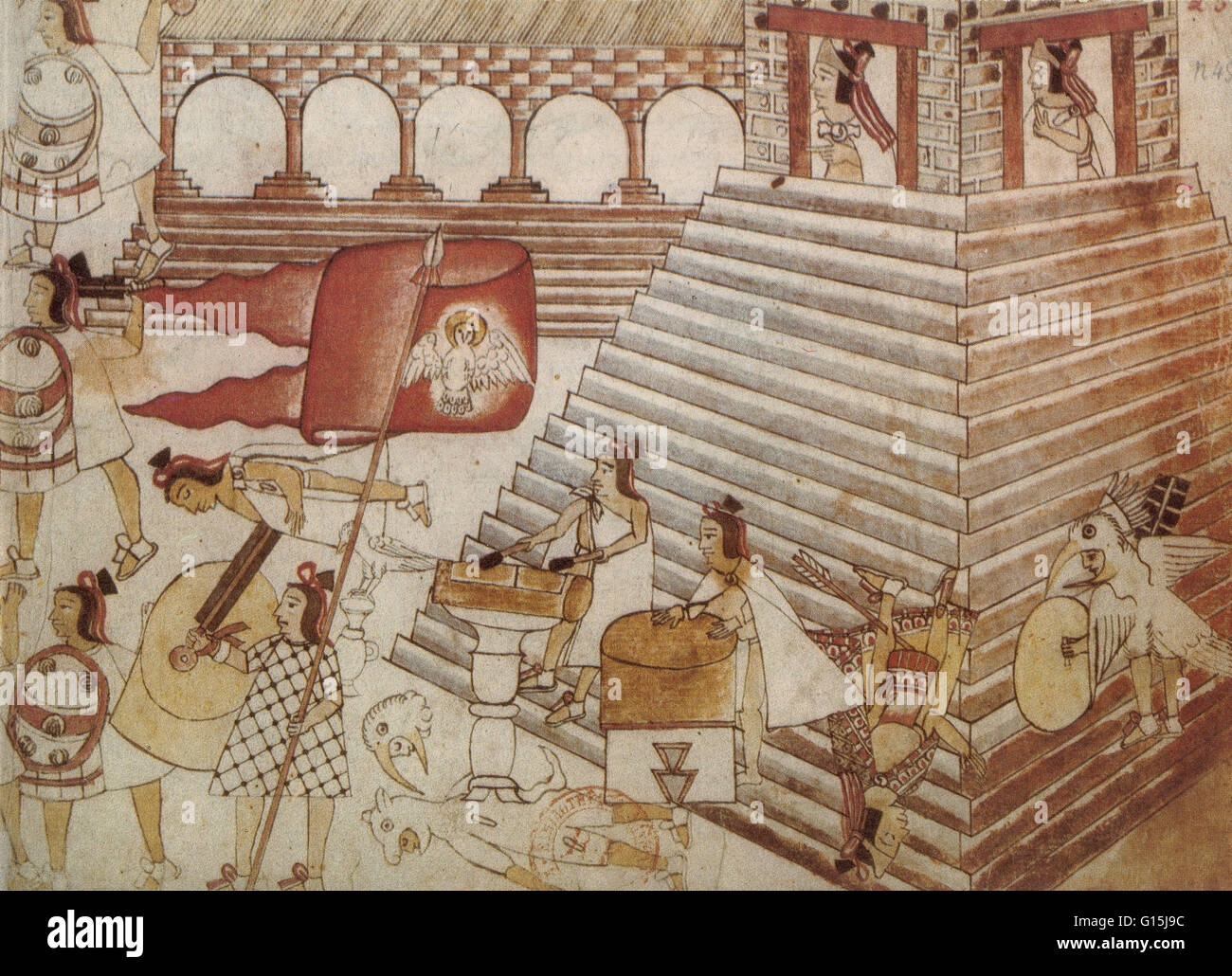 Aztekische Krieger, Verteidigung der Tempel von Tenochtitlán gegen Eroberer, 1519-1521. Spanische Eroberer Hernando Cortes (1485-1547), führte eine Expedition nach Mexiko, Landung in 1519. Obwohl die Eroberer nur einige 500 Männer, einer aztekischen Prophezeiung nummeriert Stockfoto