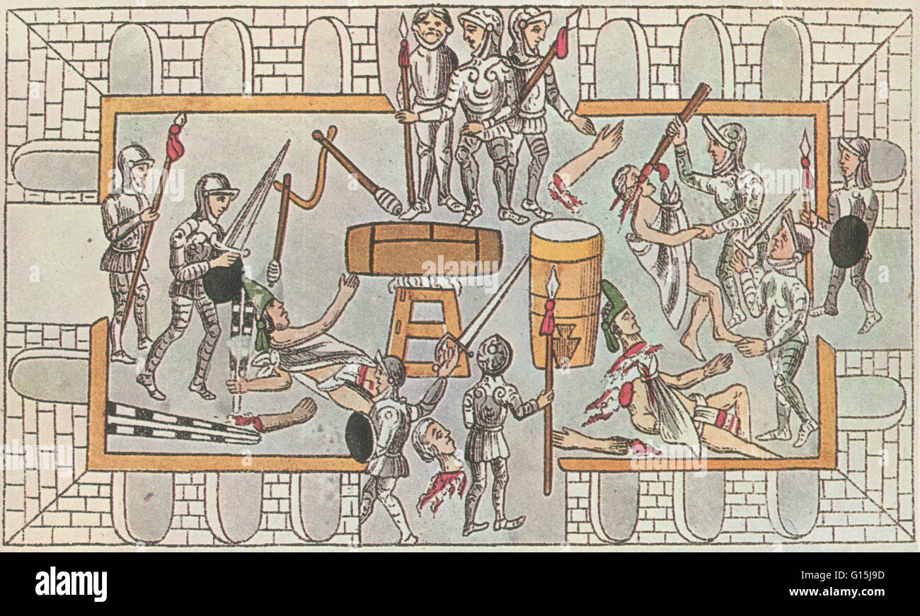 Aztekische Krieger die Tempel von Tenochtitlan gegen Eroberer zu verteidigen. Die Belagerung von Tenochtitlan, die Hauptstadt des Aztekenreiches, entstand im Jahre 1521 durch die Manipulation der spanischen Eroberer Hernán Cortés. Zwar wurden zahlreiche Schlachten gekämpft b Stockfoto