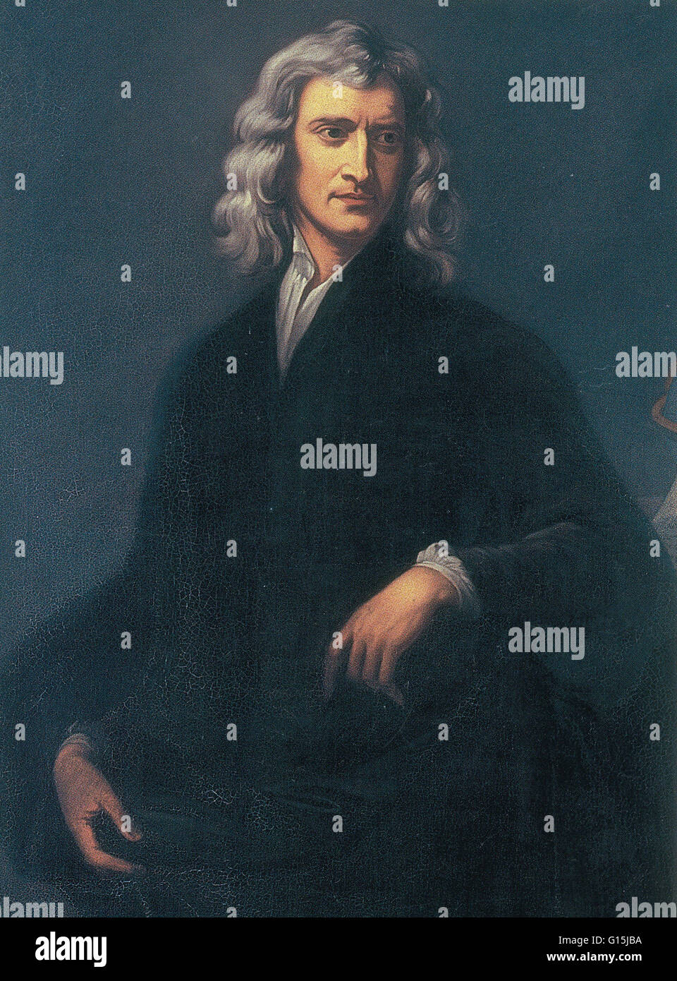 Isaac Newton (1642-1727) war ein englischer Physiker, Mathematiker, Astronom, Naturphilosoph, Alchemist und Theologe. Seine Monographie Philosophae Naturalis Principia Mathematica, veröffentlicht 1687, legt den Grundstein für die meisten der klassischen Mechaniker Stockfoto