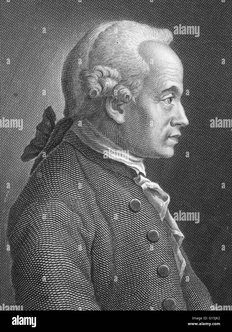 Immanuel Kant (22. April 1724 - 12. Februar 1804) war ein deutscher Philosoph, recherchiert, hielt Vorträge und schrieb über Philosophie und Anthropologie im Zeitalter der Aufklärung am Ende des 18. Jahrhunderts. Sein Hauptwerk, der Kritik der reinen Vernunft (1781), aime Stockfoto