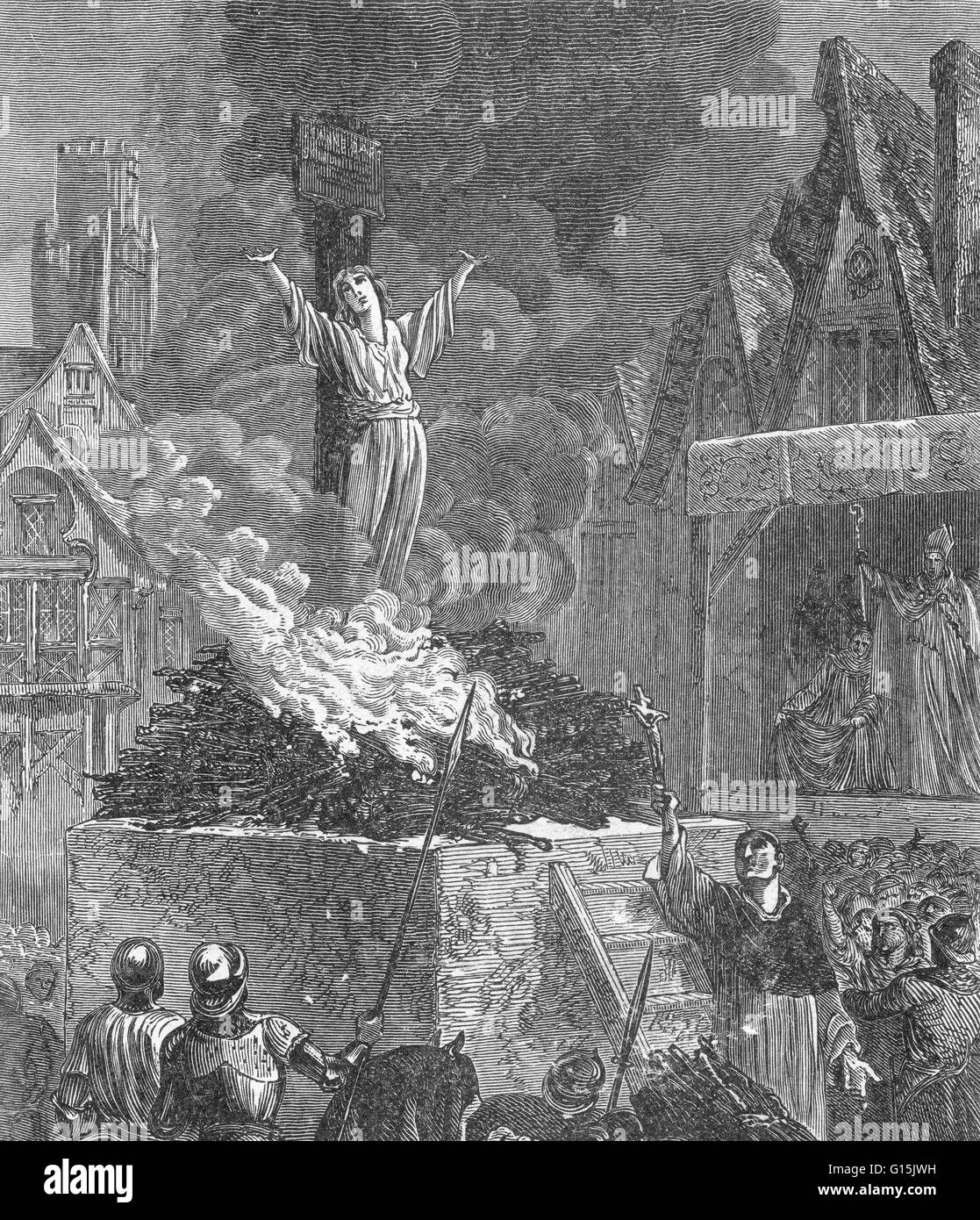 Berechtigt, Jeanne d ' Arc, Hexe und Ketzer. Unbekannter Künstler. Joan of Arc (6 Januar 1412-30 Mai 1431) Nationalheldin Frankreichs und eines katholischen Heiligen. Ein Bauernmädchen in Ostfrankreich geboren, die göttlichen Führung behauptet, führte sie die französische Armee zu sev Stockfoto