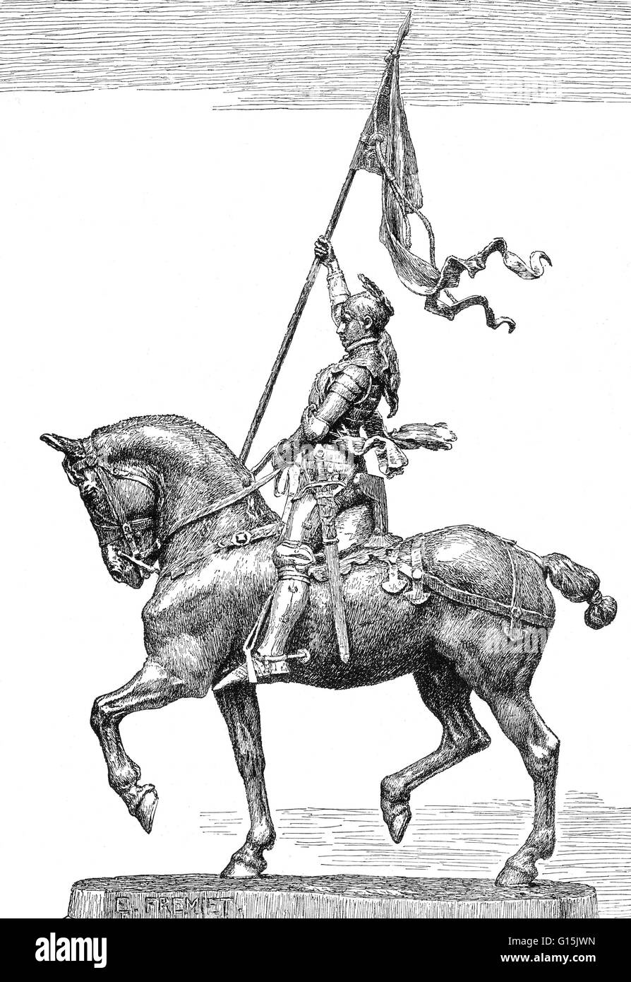 Joan of Arc rittlings auf einem Pferd, die Erhöhung der Schlacht. Unbekannter Künstler. Joan of Arc (6 Januar 1412-30 Mai 1431) Nationalheldin Frankreichs und eines katholischen Heiligen. Ein Bauernmädchen in Ostfrankreich geboren, die göttlichen Führung behauptet, führte sie die französische Armee zu s Stockfoto