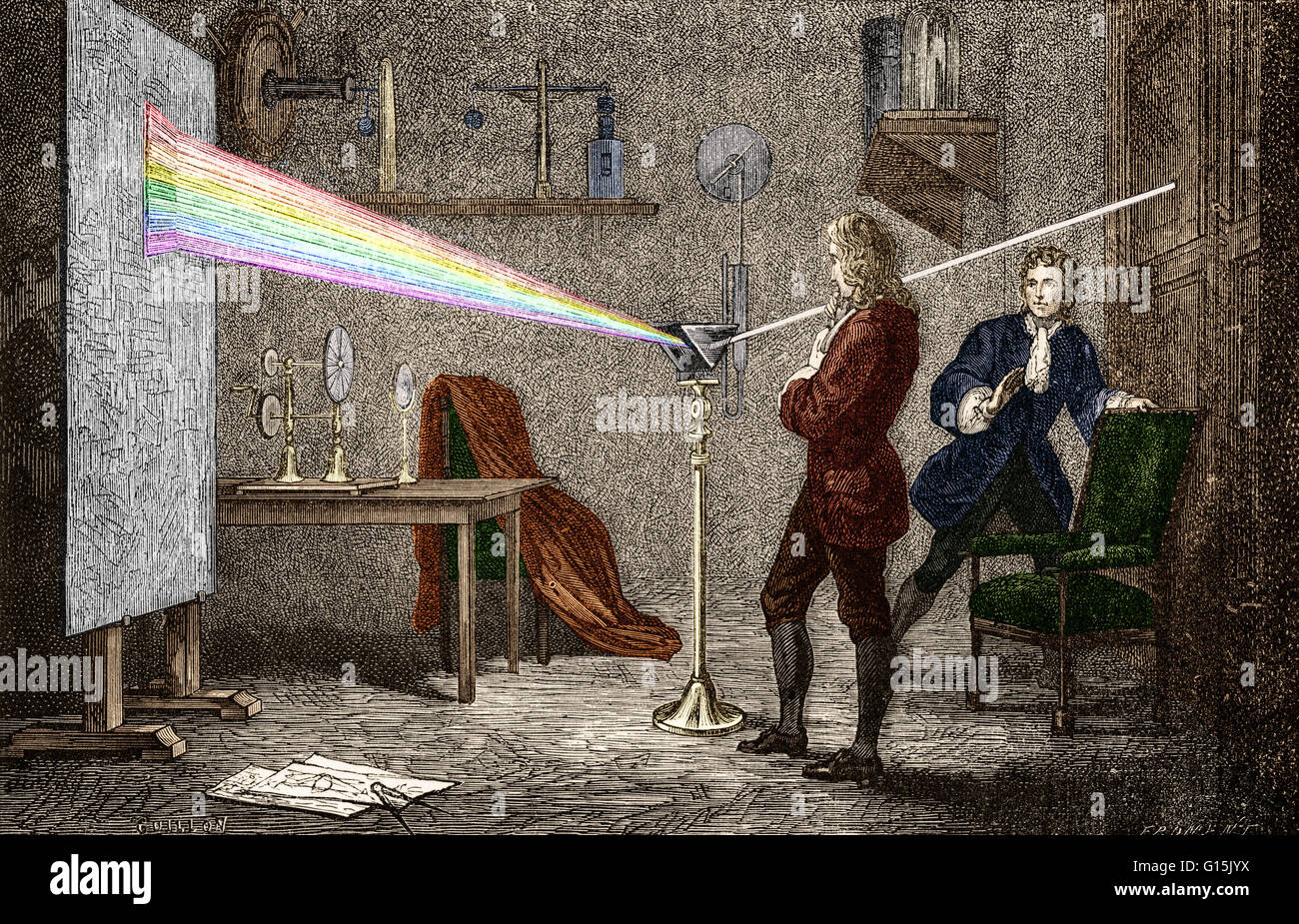 Sir Isaac Newton (1642-1727) war ein englischer Physiker, Mathematiker, Astronom, Naturphilosoph, Alchemist und Theologe. Seine Monographie Philosophae Naturalis Principia Mathematica, veröffentlicht 1687, legt den Grundstein für die meisten der klassischen mech Stockfoto