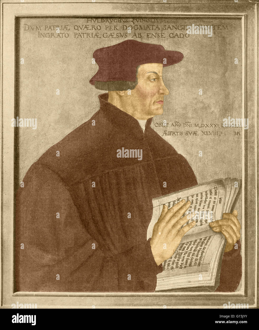 Huldrych Zwingli (1 Januar 1484-11 Oktober 1531) war ein Führer der Reformation in der Schweiz. Geboren in einer Zeit der aufstrebenden Schweizer Patriotismus und zunehmend in die Kritik der Schweizer Söldner, besuchte er die Universität Wien und der Univ Stockfoto