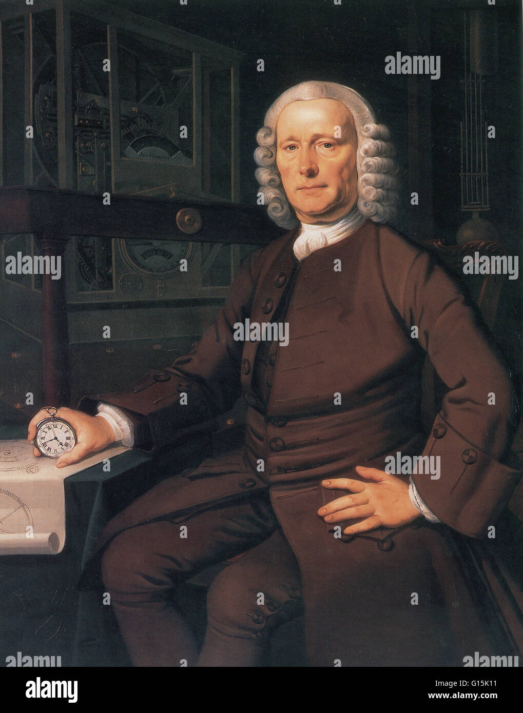 John Harrison (1693-1776) war ein autodidaktischer englischen Uhrmacher. Er erfand die Marinechronometer. Ein marine Chronometer ist eine Uhr, die präzise und genau genug, um als eine tragbare Zeit standard zur Bestimmung der Länge mittels Celest einsetzbar ist Stockfoto