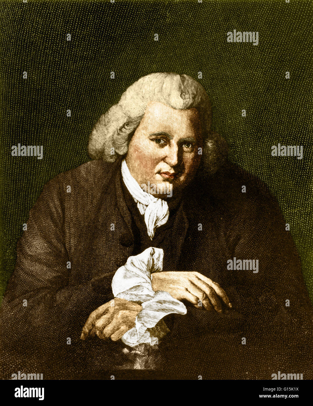 Farbe verstärkt Porträt des Erasmus Darwin (1731-1802), ein englischer Arzt und einer der wichtigsten Denker der Midlands Aufklärung (kulturelle Manifestation des Zeitalters der Aufklärung). Er war auch ein natürlicher Philosoph, Physiologe, Sklavenhandel abolit Stockfoto