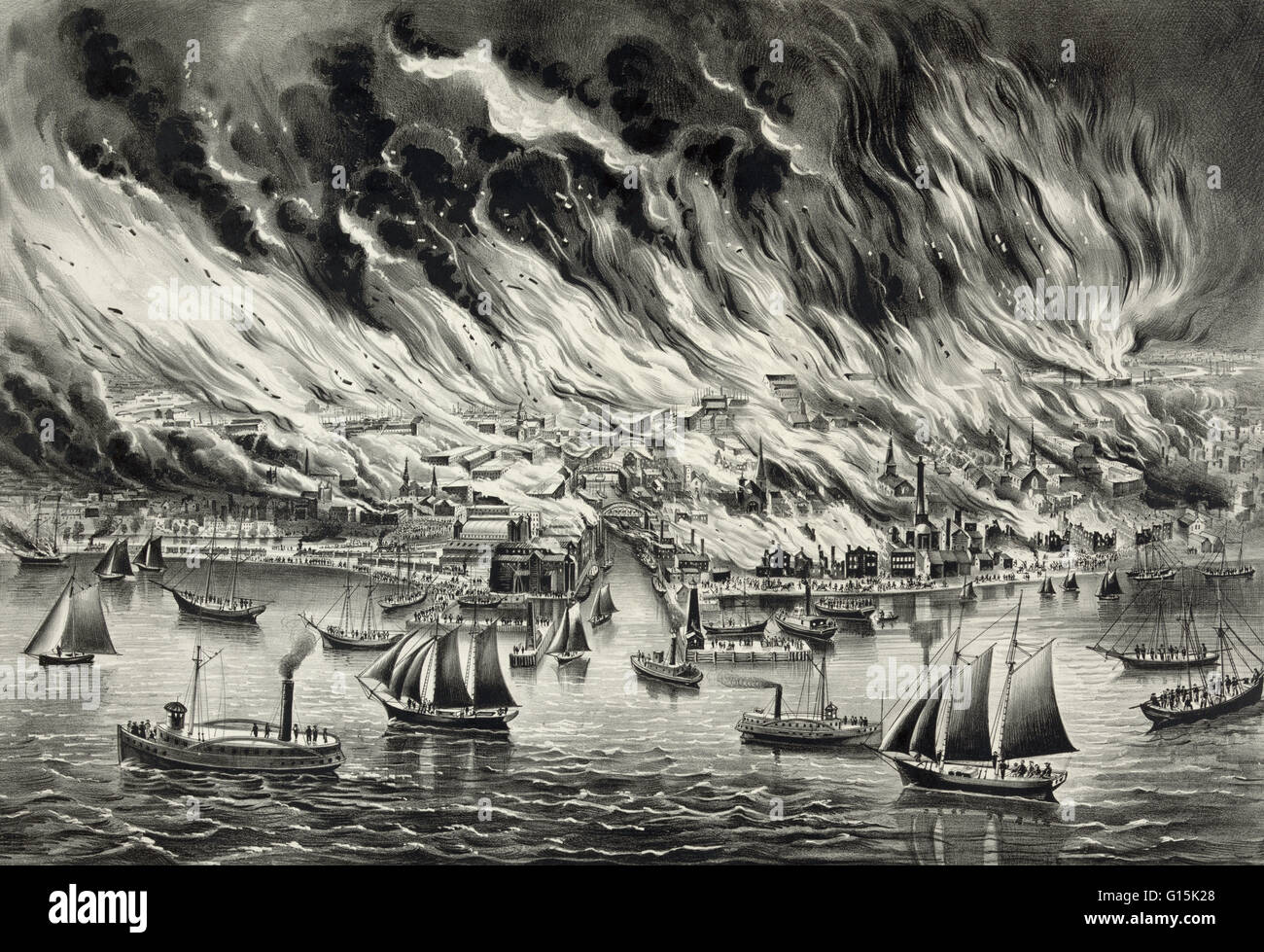 Lithographie mit dem Titel: "Dem großen Brand in Chicago, 8. Oktober 1871." Am Abend des 8. Oktober 1871, kurz nach 09:00, brach ein Feuer in der Scheune hinter dem Haus von Patrick und Catherine O'Leary bei 13 DeKoven Street. Wie das Feuer begann, ist St. Stockfoto