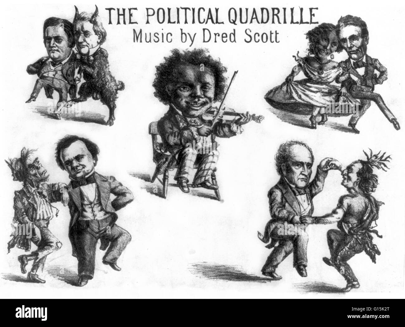 Lithographie mit dem Titel: "die politische Quadrille. Musik von Dred Scott. " Eine allgemeine Parodie auf die 1860 Präsidentschaftswahlkampf, Hervorhebung der Auswirkungen der Dred Scott Entscheidung auf das Rennen. Diese umstrittene Entscheidung, überliefert im Jahre 1857 von Oberrichter Roger Stockfoto