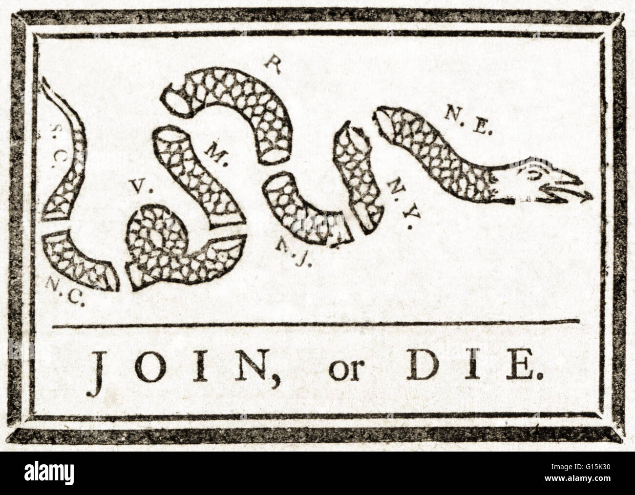 Holzschnitt mit dem Titel: "Beitreten oder sterben." Join or Die ist eine bekannte politische Karikatur, erstellt von Benjamin Franklin und erstmals am 9. Mai 1754 in seinem Pennsylvania Gazette veröffentlicht. Der Holzschnitt zeigt eine Schlange durchtrennt in Achtel, wobei jedes Segment beschriftet mit th Stockfoto