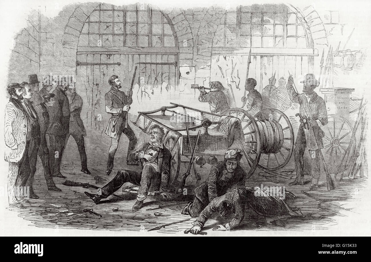 Gravur mit dem Titel: "Harpers Ferry Aufstand. Inneren des Maschinenhauses, kurz bevor das Tor durch den Sturm Party abgebaut wird. " Der Druck zeigt braun mit Geiseln. John Brown, einer weißen Sklavereigegner versucht, starten Sie eine bewaffnete Sklavenaufstand von s Stockfoto
