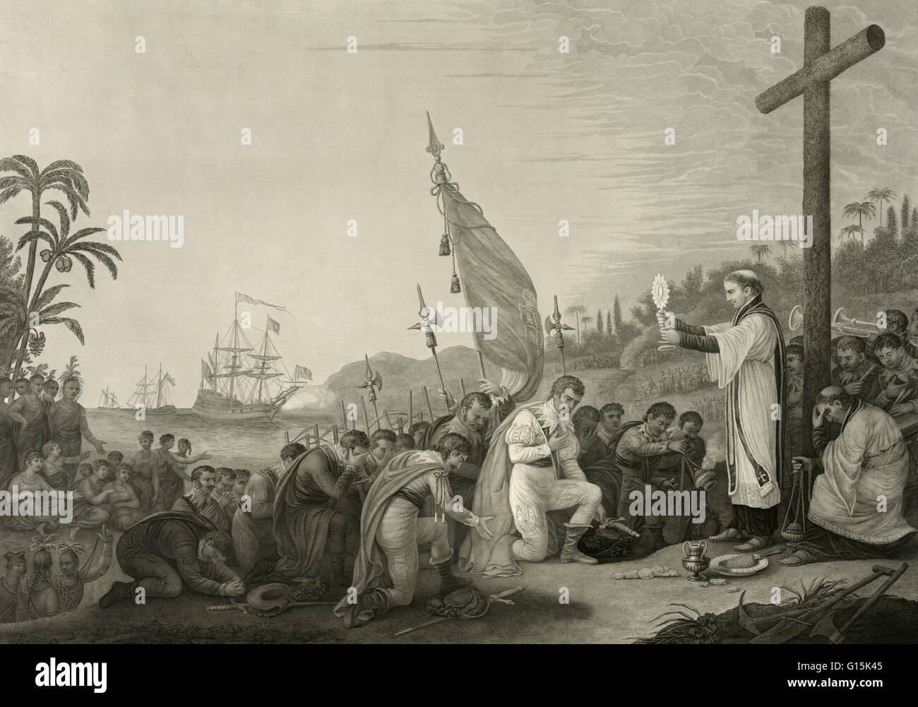 Gravur mit dem Titel: die erste Landung des Columbus in der neuen Welt. Drucken mit Christopher Columbus und Crew kniend vor dem Priester beim Gottesdienst. Christopher Columbus (Oktober 30 oder 31, 1451 - 20. Mai 1506) italienische Entdecker, Kolonisator, und Stockfoto