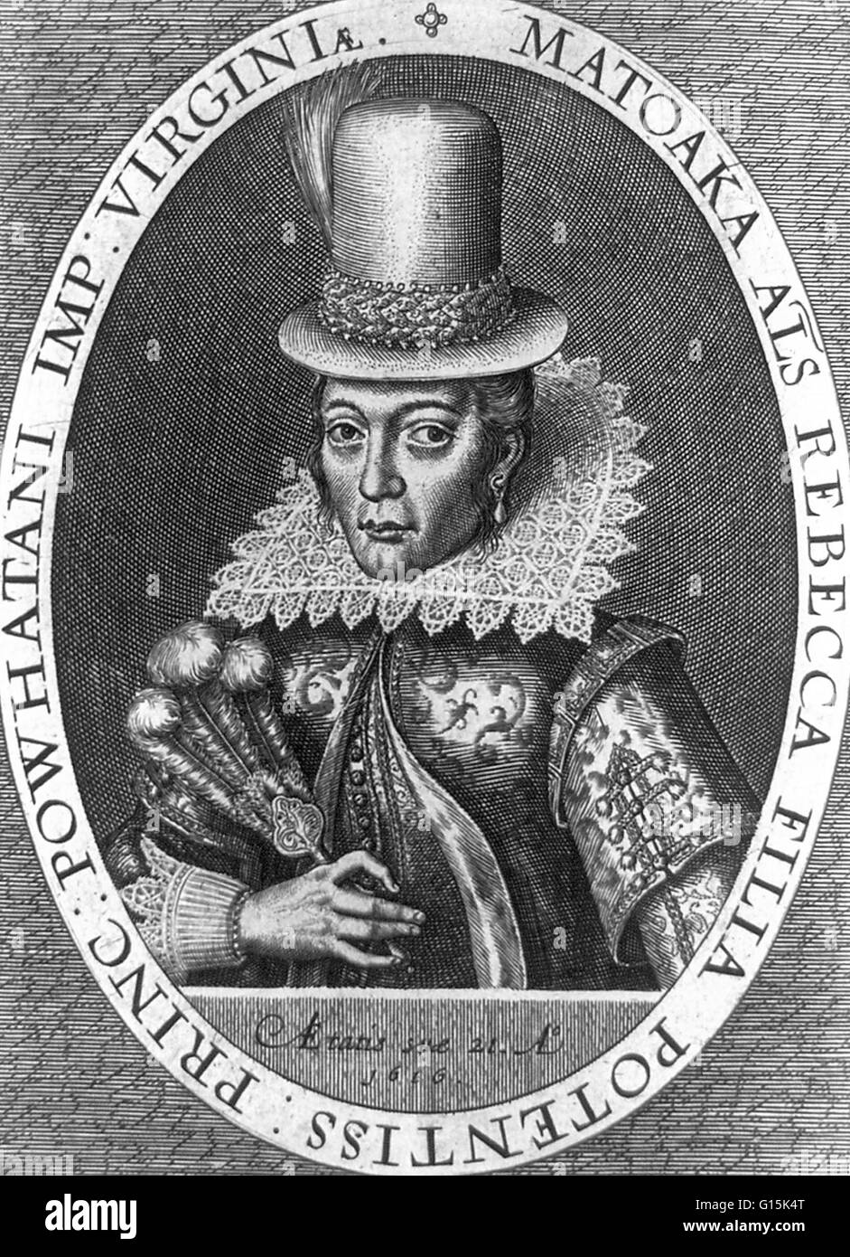 Porträt von Pocahontas (1595-1617), erinnerte sich ein Algonkin-Indianer für ihre Verbindung mit der kolonialen Siedlung in Jamestown, Virginia; in englischen Kleid. Sie war die Tochter von Chief Powhatan, den Kopf eines Netzes von Nebenfluss Stammes-Nationen in der Stockfoto