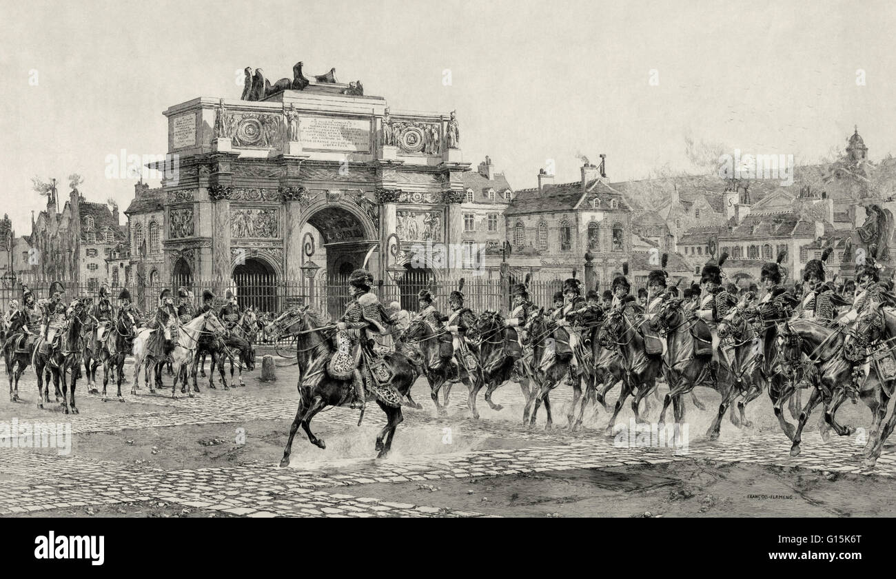 Radierung zeigt Napoleon i., auf dem Pferderücken, Überprüfung der Kavallerie Truppen vorbei hinter dem Arc de Triomphe du Carrousel in Paris, Frankreich. Napoleon Bonaparte (1769-1821) war ein französischer militärischer und politischer Führer während der letzten Stadien der Franzosen wurde Stockfoto