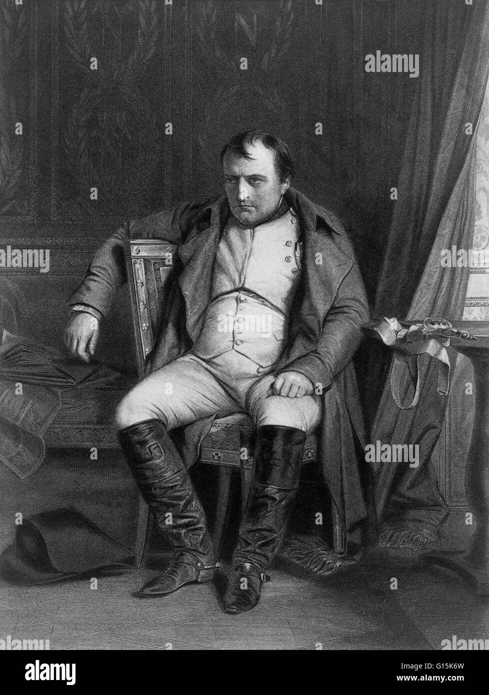 Gravur von Napoleon nach seiner Niederlage in Fontainebleau, kurz vor seinem Exil auf Elba. Napoleon Bonaparte (1769-1821) war ein französischer militärischer und politischer Führer während der letzten Stadien der französischen Revolution. Als Napoleon I, war er Kaiser von Stockfoto
