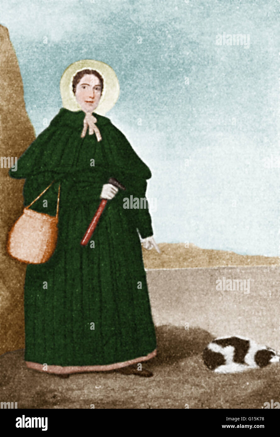Mary Anning mit ihrem Hund Tablett, gemalt vor 1842. Die goldene Kappe Felsen kann im Hintergrund zu sehen. Anning (1799-1847) war ein englischer Fossil Sammler, Händler und Paläontologe, die auf der ganzen Welt für eine Reihe von wichtigen Funden wurde sie bekannt Stockfoto