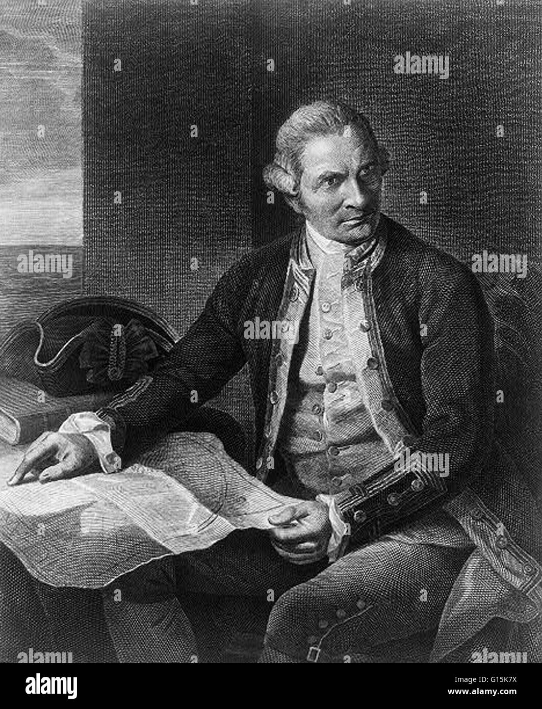 Captain James Cook (1728-1779) war ein englischer Explorer, Navigator und Kartograph, schließlich in den Rang eines Hauptmanns in der Royal Navy stieg. Cook machte detaillierte Karten von Neufundland vor drei Fahrten bis zum Pazifischen Ozean, während die He-ac Stockfoto