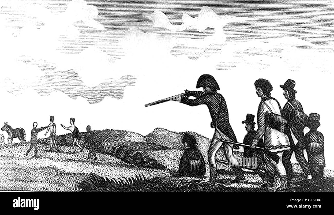 Radierung mit dem Titel: Captain Lewis ein Indianer schießen. Die Lewis und Clark Expedition (1804-1806) war die erste transkontinentale Expedition an der Pazifikküste der Vereinigten Staaten. Im Auftrag von Präsident Thomas Jefferson und unter der Leitung von Meriwether Lewis und Stockfoto