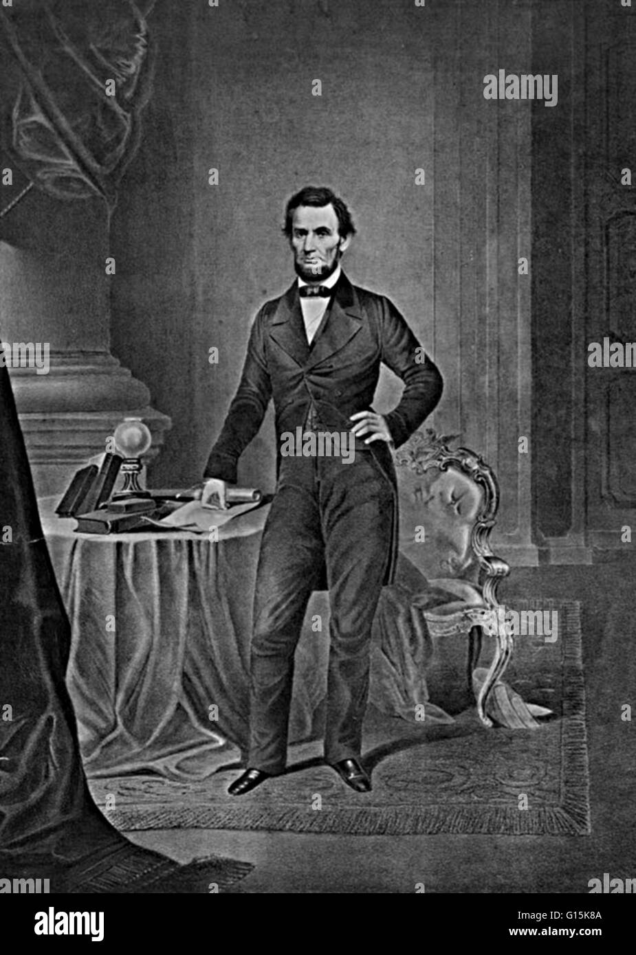 Abraham Lincoln (12. Februar 1809 - 15. April 1865) war der 16. Präsident der Vereinigten Staaten, von März 1861 bis zu seiner Ermordung im Jahre 1865. Er führte sein Land durch die American Civil War, Erhaltung der Union während der Sklaverei und die Förderung Stockfoto