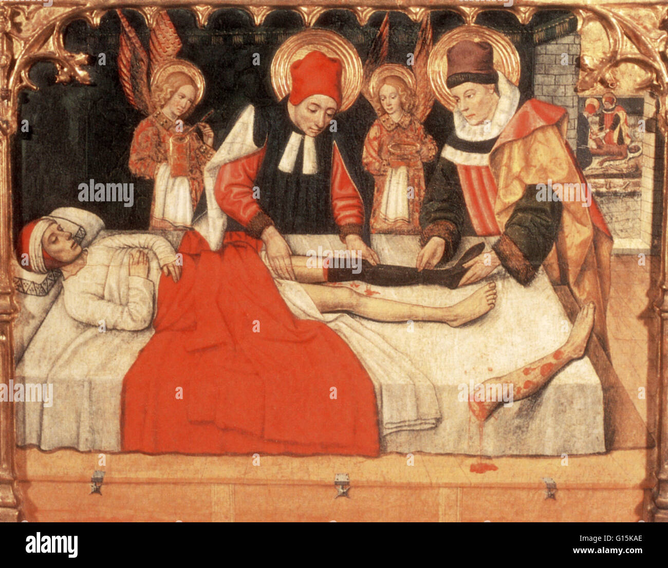 St. Cosmas und St. Damian, Schutzpatrone der Medizin, das Bein von einem äthiopischen Gladiator auf einen christlichen Glockenturm Torhüter Pfropfen. Dieses Gemälde ist von dem spanischen Künstler Jaime Huguet (c. 1448-1492). Cosmas und Damian waren Arzt-Brüder, die Praxis Stockfoto