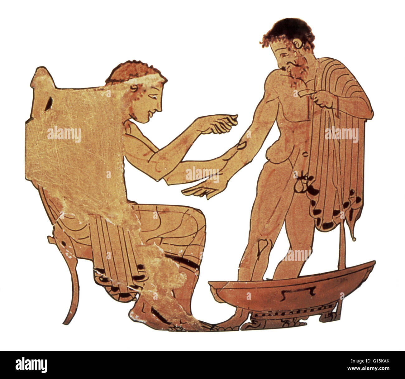 Eine antike griechische Arzt, mit einem Skalpell, lassen Blut eines Patienten. Aderlass war oft als Heilmittel für körperliche Ungleichgewichte eingesetzt. Stockfoto