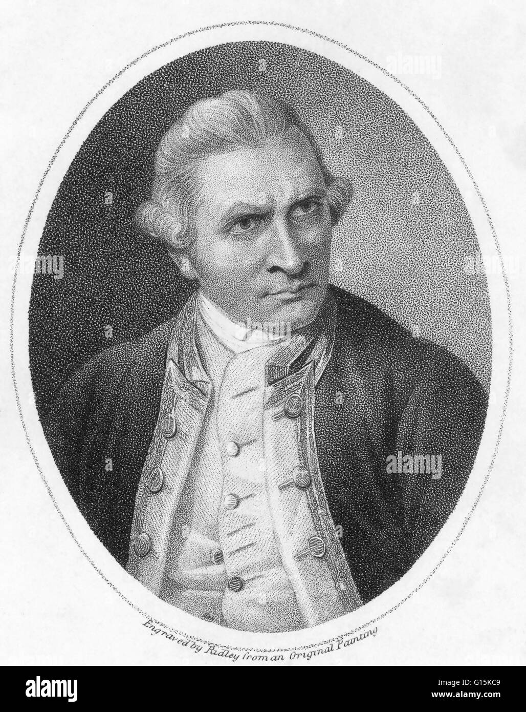 Captain James Cook (1728-1779), britische Forscher. Nach seinem Eintritt in die Royal Navy, unternahm Cook seine erste große Reise von 1768-71, präzise Zuordnung Neuseelands Küste und machen die erste europäische Landung in Ost-Australien. Während 1772-75 er Kreuz Stockfoto