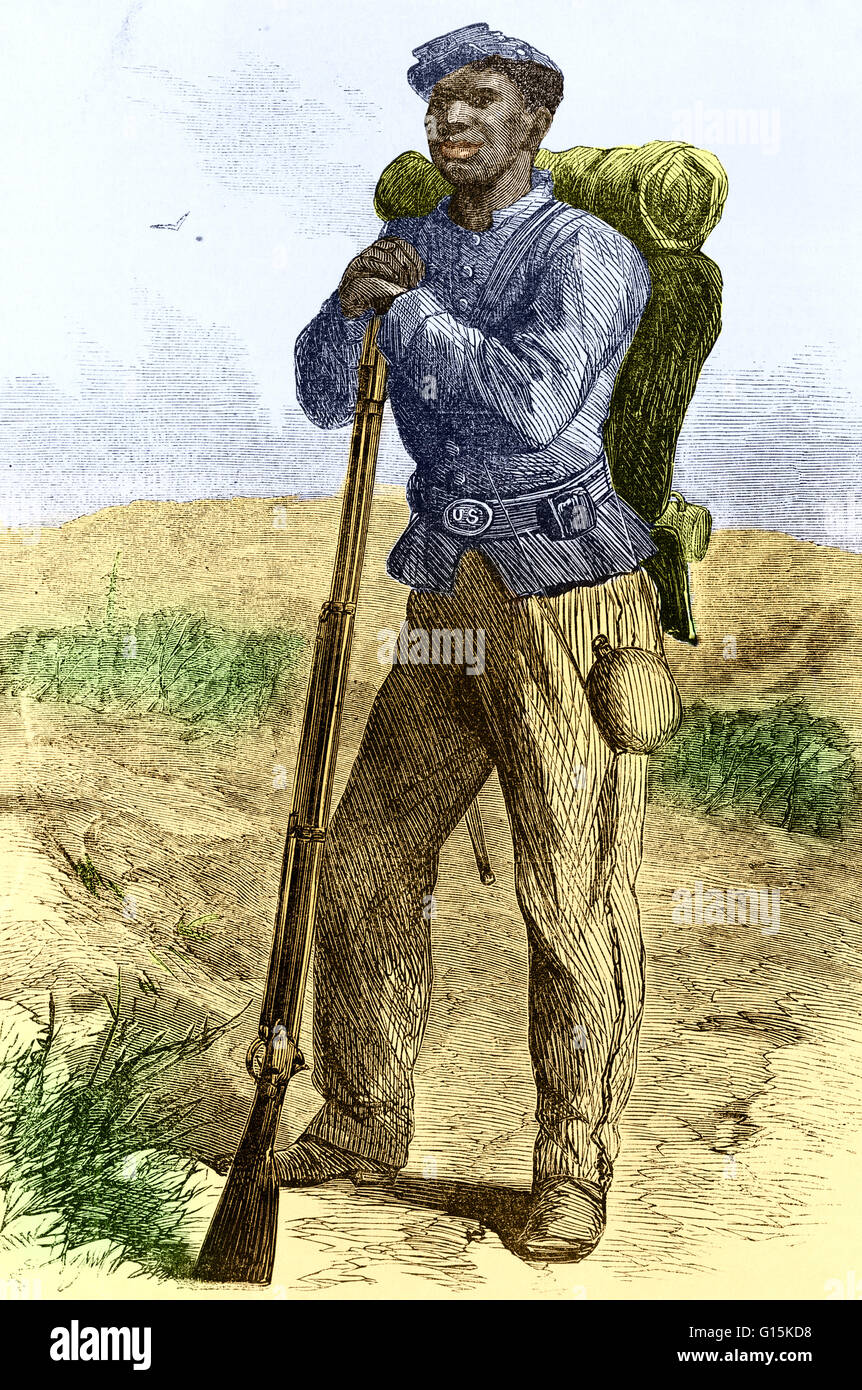Holzstich von entlaufenen Sklaven, die Unionsarmee im amerikanischen Bürgerkrieg beigetreten ist. Schwarze "Flüchtling" Soldaten, entlaufene Sklaven, wurden als "Schmuggelware des Krieges" durch den Norden, in einer Erklärung von General Benjamin Butler im Mai 1861. Sie kämpften mit N Stockfoto