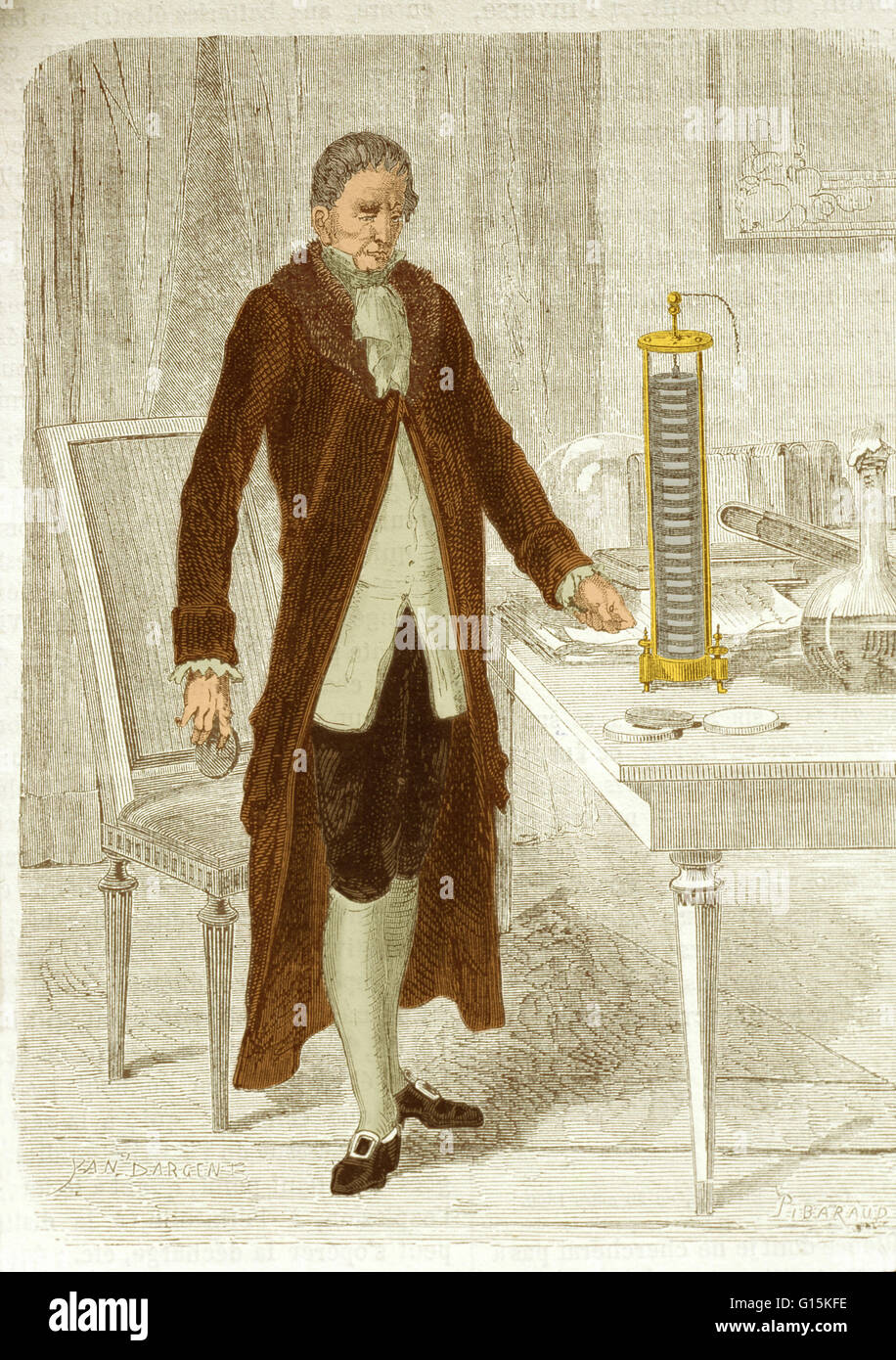 Volta posiert mit seiner Batterie neu erfunden oder "Voltaic Stapel". Alessandro Volta (1745-1827) war ein italienischer Physiker. 1786 wurde er nachdem er die Arbeit von Galvani Strom interessiert. Volta war das erste zu zeigen, dass eine elektrische aktuelle flo Stockfoto