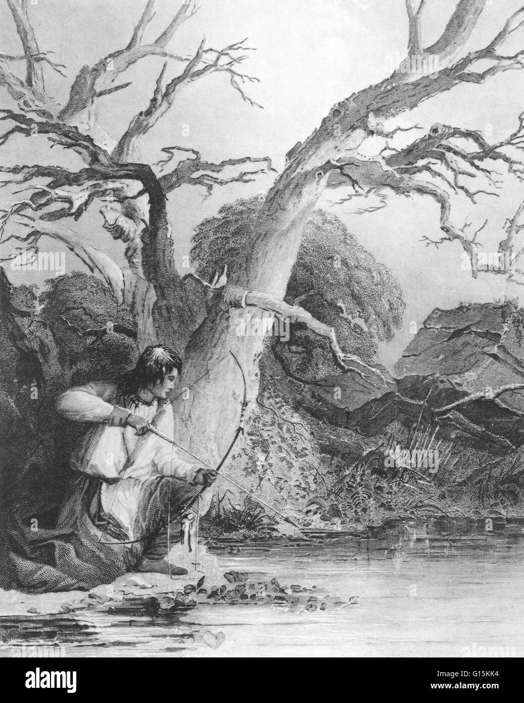 Ein indischer Junge kleine Fische, Region der großen Seen. Zeichnung von S. Eastman, Kupferstich von c.k. Burt aus der amerikanischen Ureinwohner Portfolio, 1853. Angeln und Jagd waren wichtige Tätigkeiten für die Indianer, die sich stark auf das Fleisch von wild Anim verlassen Stockfoto