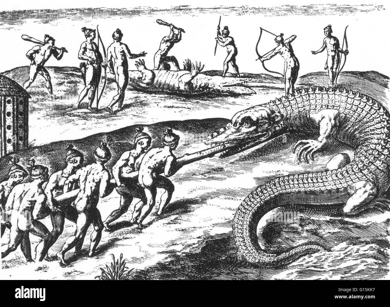 Jagd-Krokodile, aus "Brevis Narratio Eorum Quae in Florida Americai Provincia Gallis Acciderunt", veröffentlicht im Jahre 1591 mit Gravuren von Theodore de Bry (1528-98). Jacques le Moyne de Leichenhallen (1533-1588) war ein französischer Künstler und Mitglied des Jean Ribault Stockfoto