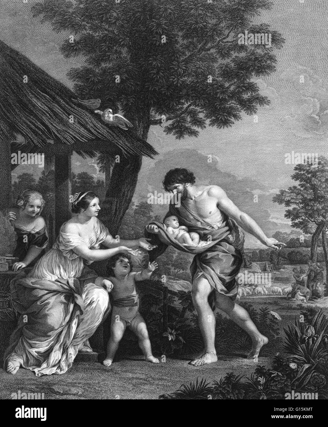 Nach der römischen Mythologie waren die Gründer Roms, Romulus und Remus. Die Geschichte beginnt mit der Ablagerung von Numitor (Großvater und König von Alba Longa), von seinem Bruder Amulius. Die Zwillingsbrüder waren die Söhne des Gottes Mars und der Weste Stockfoto