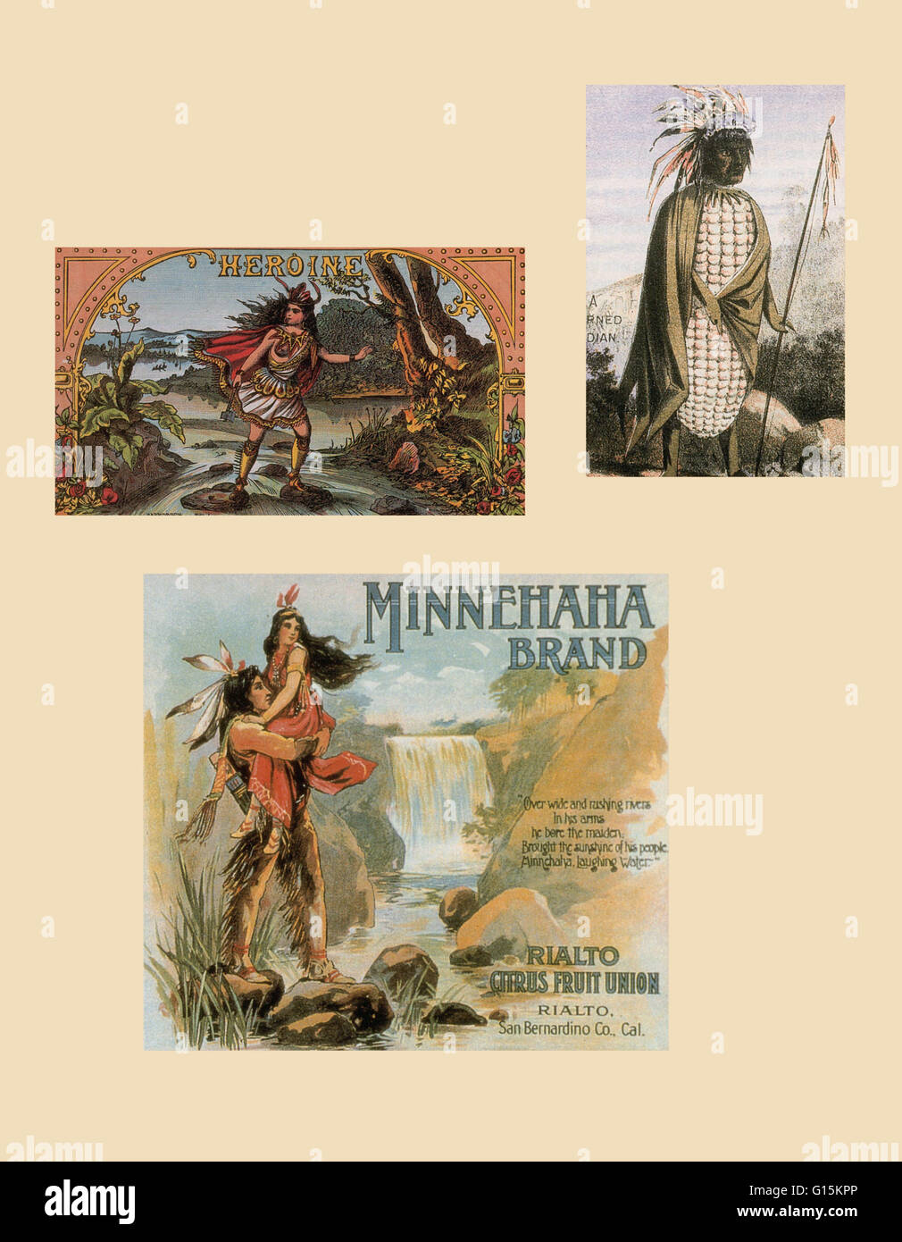 Sortierte Werbung mit indianischen Klischees. Im Uhrzeigersinn: Heldin Zigarre Beschriftung, c. 1875; Indianer als ein Ohr von Mais, c. 1880 s, Lager Werbung Karte; und Minnehaha orange Kiste Label im Einsatz von 1885 bis 1920. Stockfoto