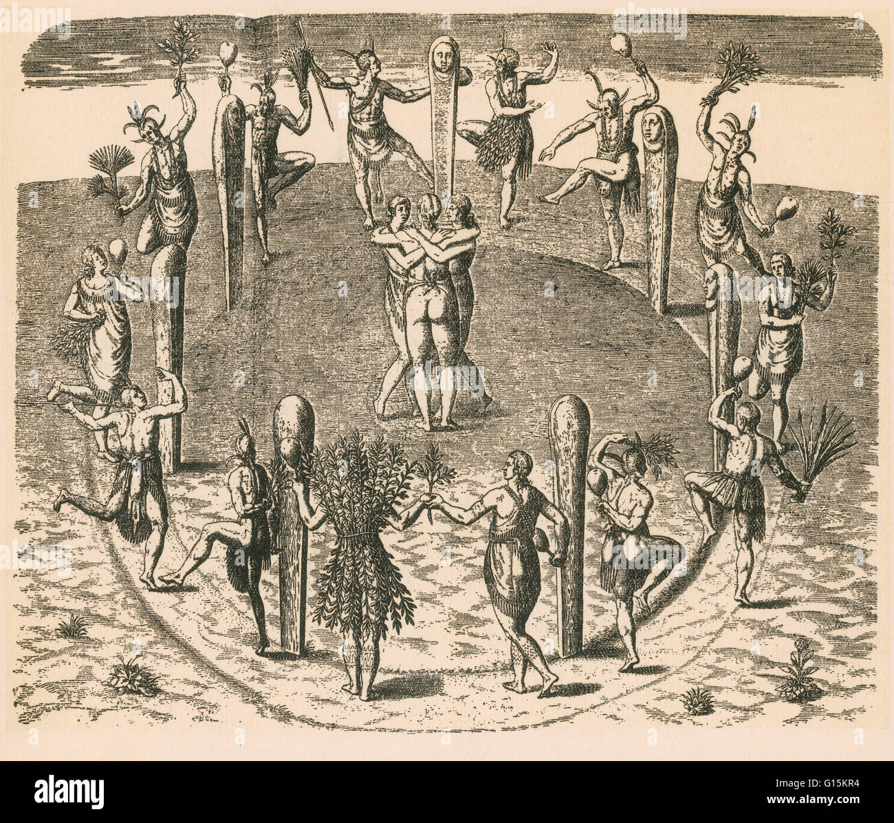 Späten 16. Jahrhundert Kupferstich von Theodor de Bry, nach einem Aquarell von John White im heutigen North Carolina, mit dem Titel "ihre Tänze auf ihre großen festen." Der Stich zeigt Männer und Frauen tanzen um einen Kreis definiert durch Beiträge mit geschnitzten Gesichtern. Drei Stockfoto