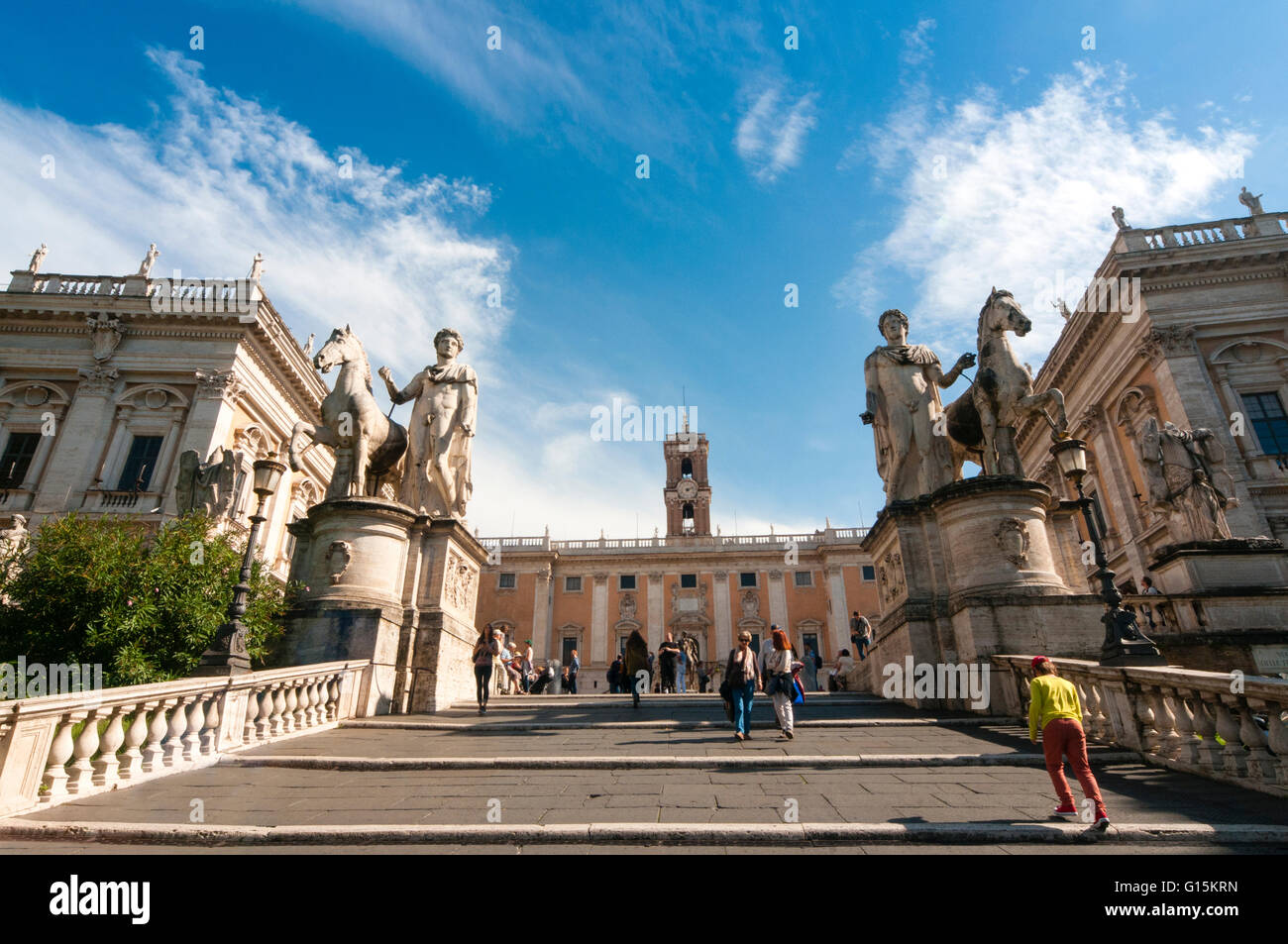 Treppe (Cordonata) zum Kapitol, Castor und Pollux (Dioskouri) Statuen, Campidoglio, Rom, Unesco, Latium, Italien, Europa Stockfoto