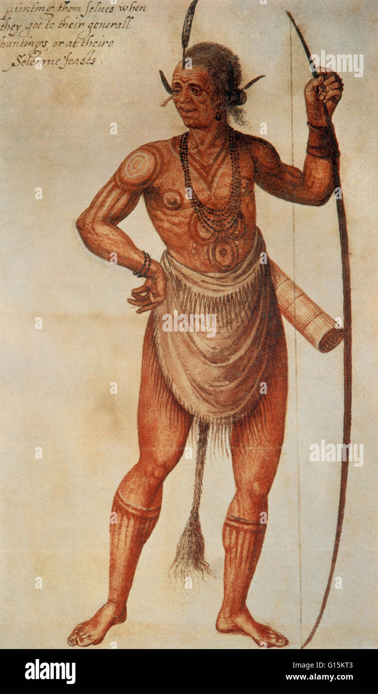 Aquarell von John White eines indianischen Mannes Anspruch "Die Art und Weise von ihrer Kleidung und malt sie selbst," irgendwann zwischen 1585 und 1593. White machte diese Aquarelle auf Reisen nach Virginia (jetzt Nord-Carolina) in den 1580s. Stockfoto