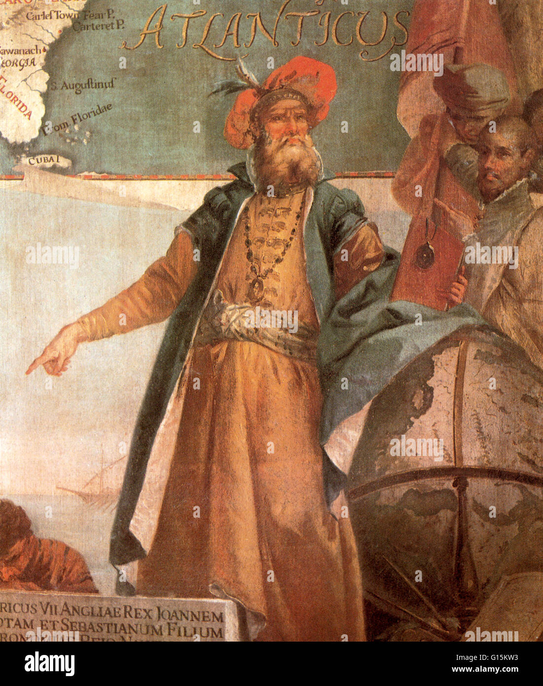 Porträt von John Cabot durch Manescardi in den Dogenpalast in Venedig. John Cabot (1450-1499) war ein italienischer Seefahrer und Entdecker, deren 1497 Entdeckung von Teilen von Nordamerika allgemein gehalten ist, die erste europäische Begegnung mit dem Kontinent gewesen zu sein Stockfoto