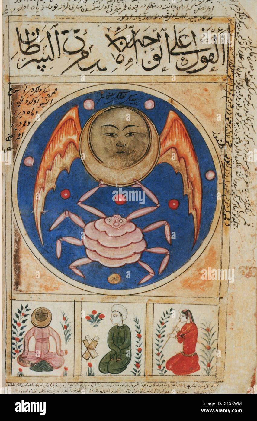 Astrologie-Abbildung des Mondes im Krebs aus dem vierzehnten Jahrhundert islamischen Manuskript. Die Krabbe, in der Abbildung dargestellt ist das astrologische Symbol für Krebs (das ist Latein für Krabben). Krebs gilt ein feminines und Wasserzeichen, die auch b Stockfoto